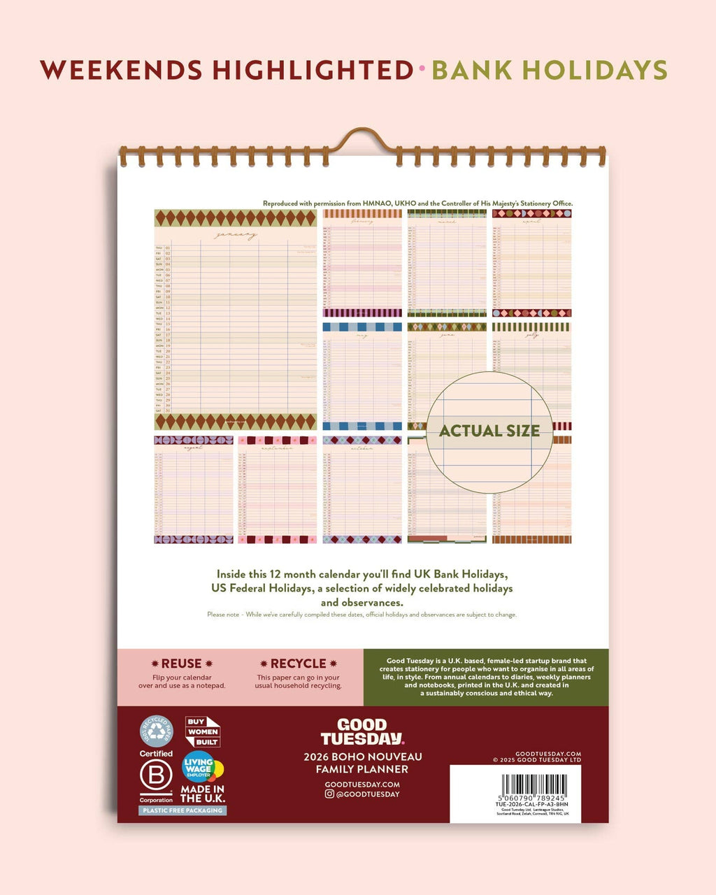  Boho A3 2026 Family Planner Calendar